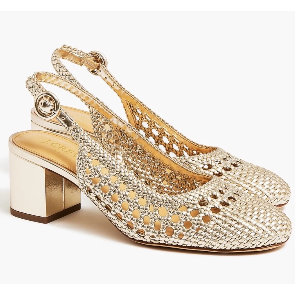J.Crew Woven Slingback Heels Gold Metallic Block Heel Womens 8